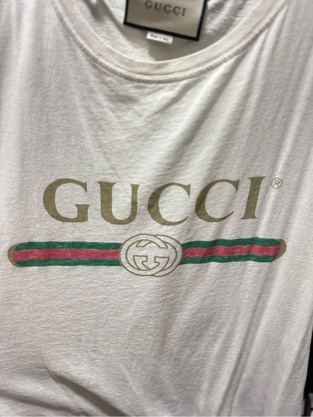 Gucci White Tee with Gold Logo and Green-Red Stripe